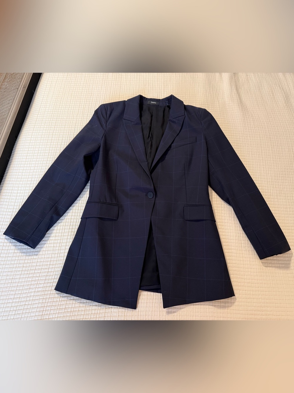 Theory Navy Windowpane Single-Button Blazer with Subtle Check size 10